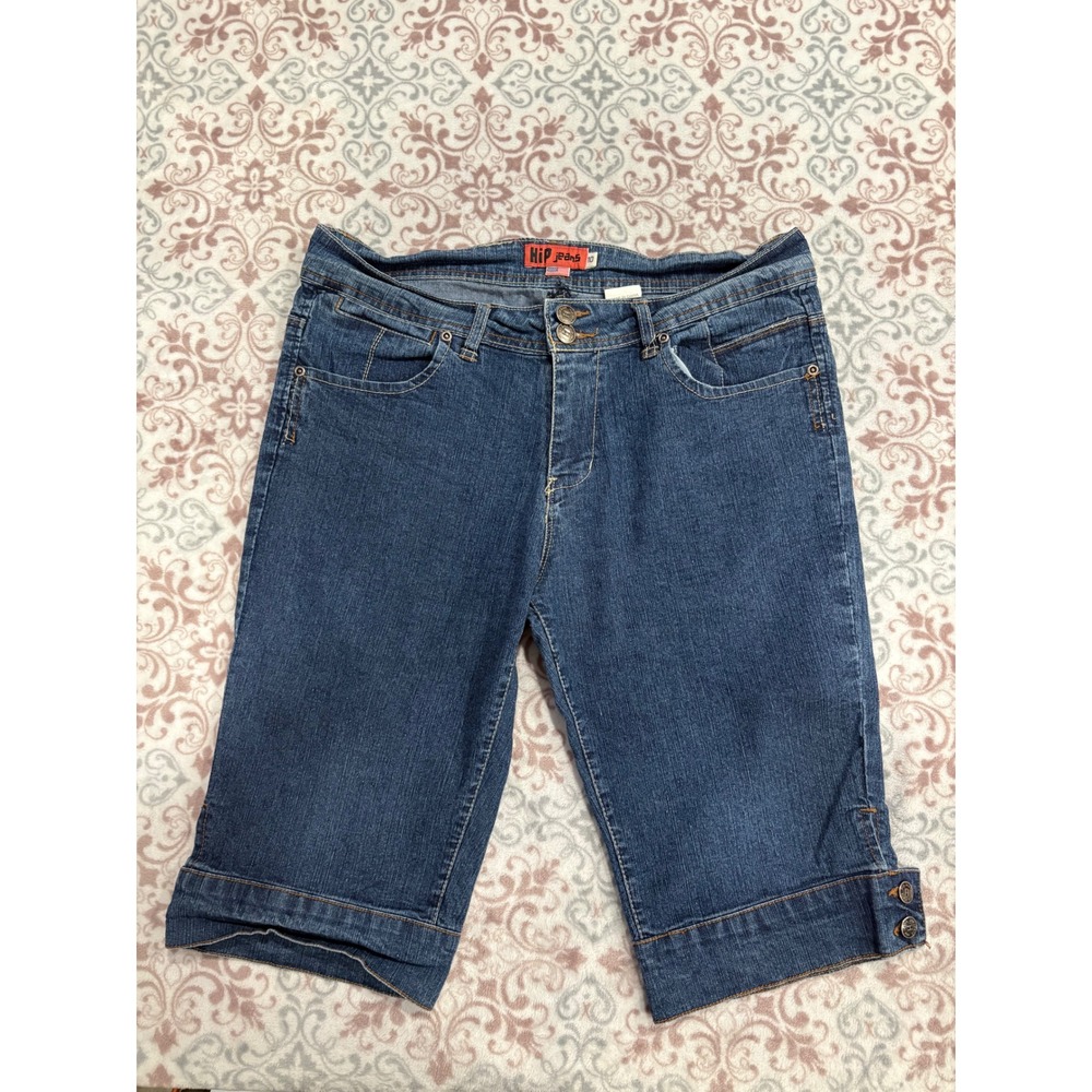 Hip Jeans Womens Bermuda Denim Shorts Dark Wash Stretch Size 10 Double Button